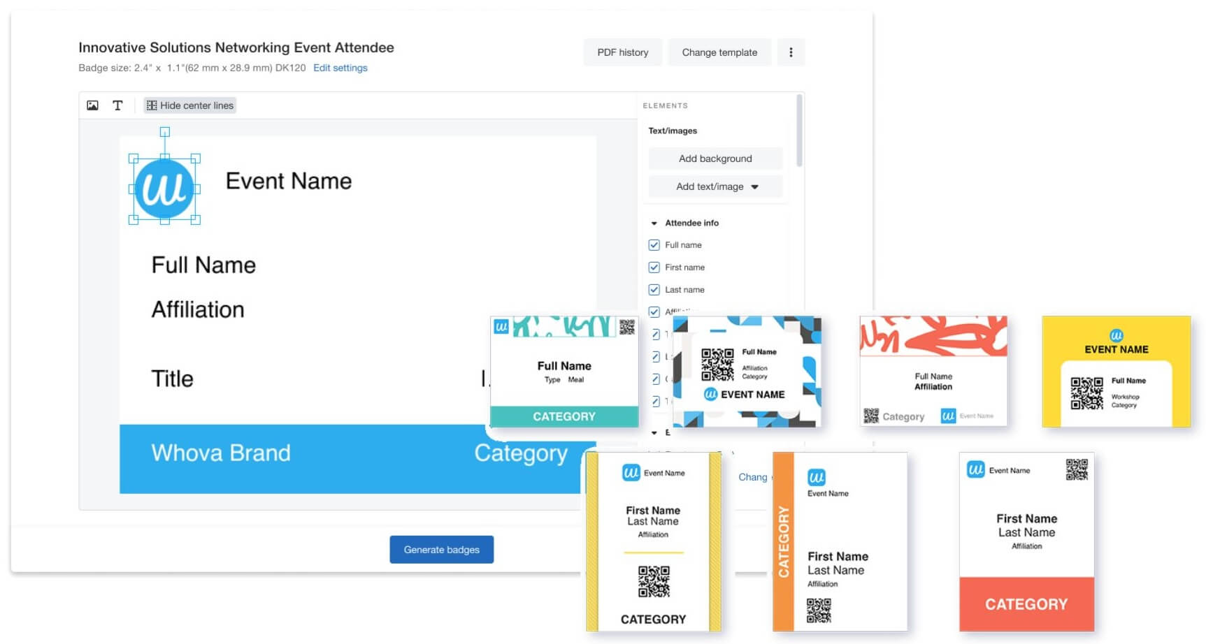 Whova's name badge editor and templates