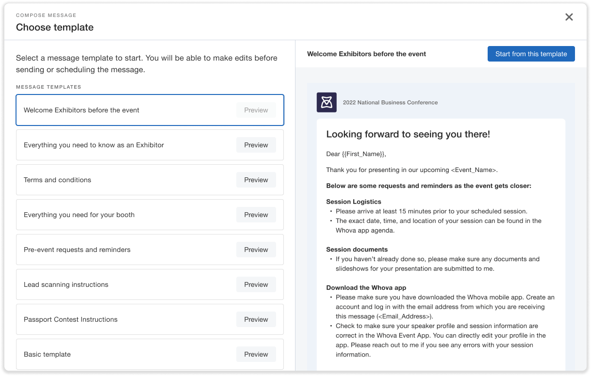 Organizer message template selector