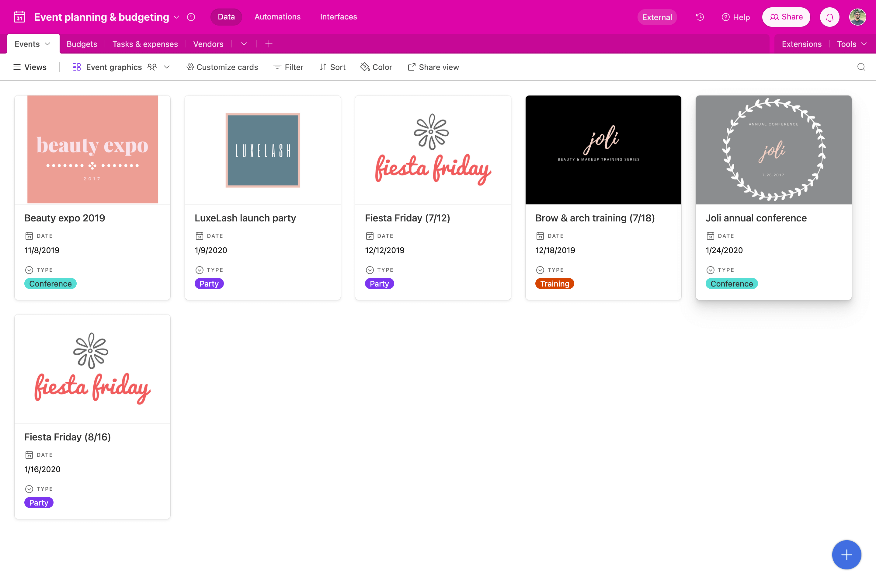 Airtable event planning dashboard