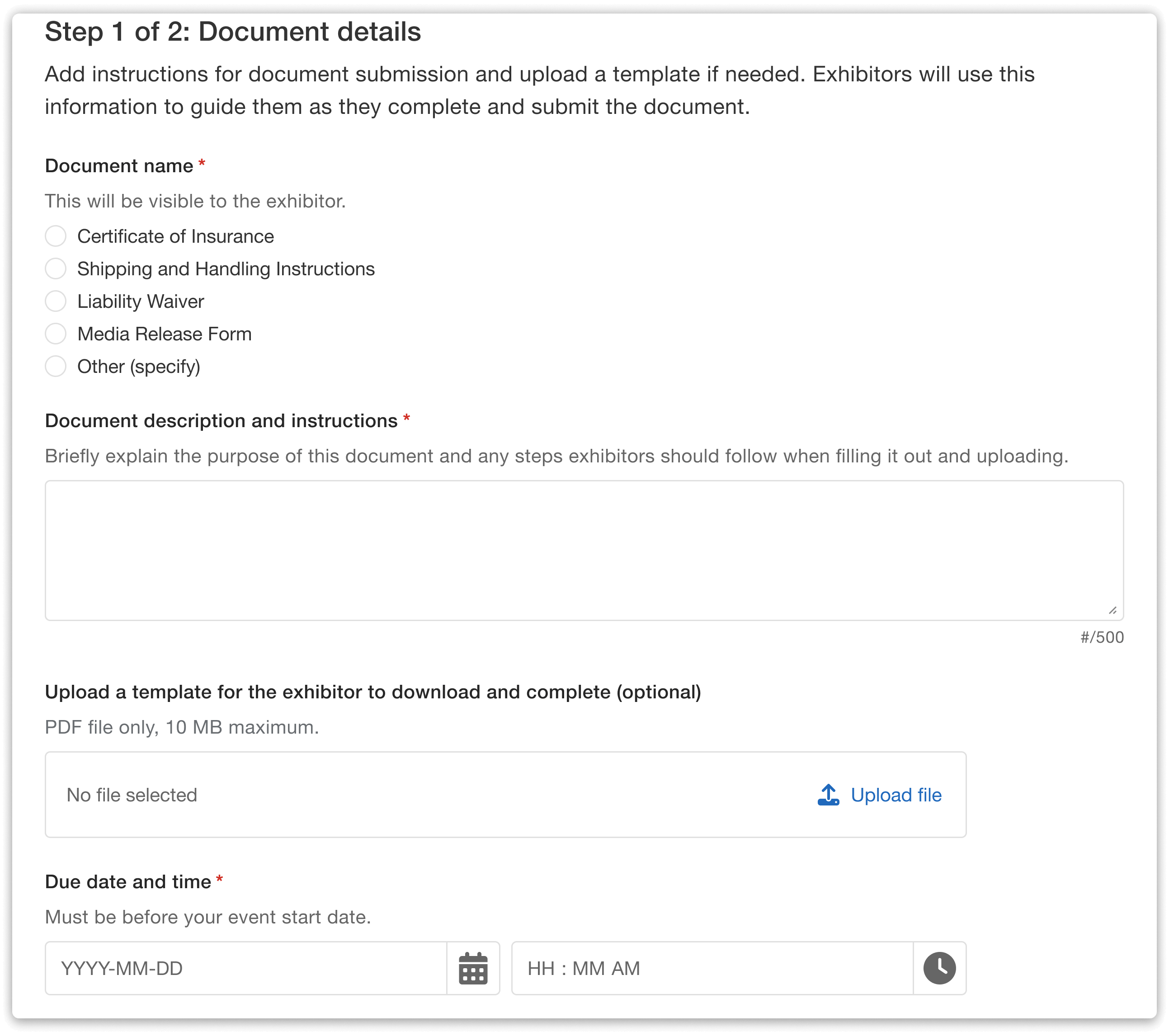 Compliance document setup step 1: document details.