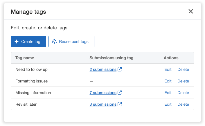 CFS Submission tag management screen