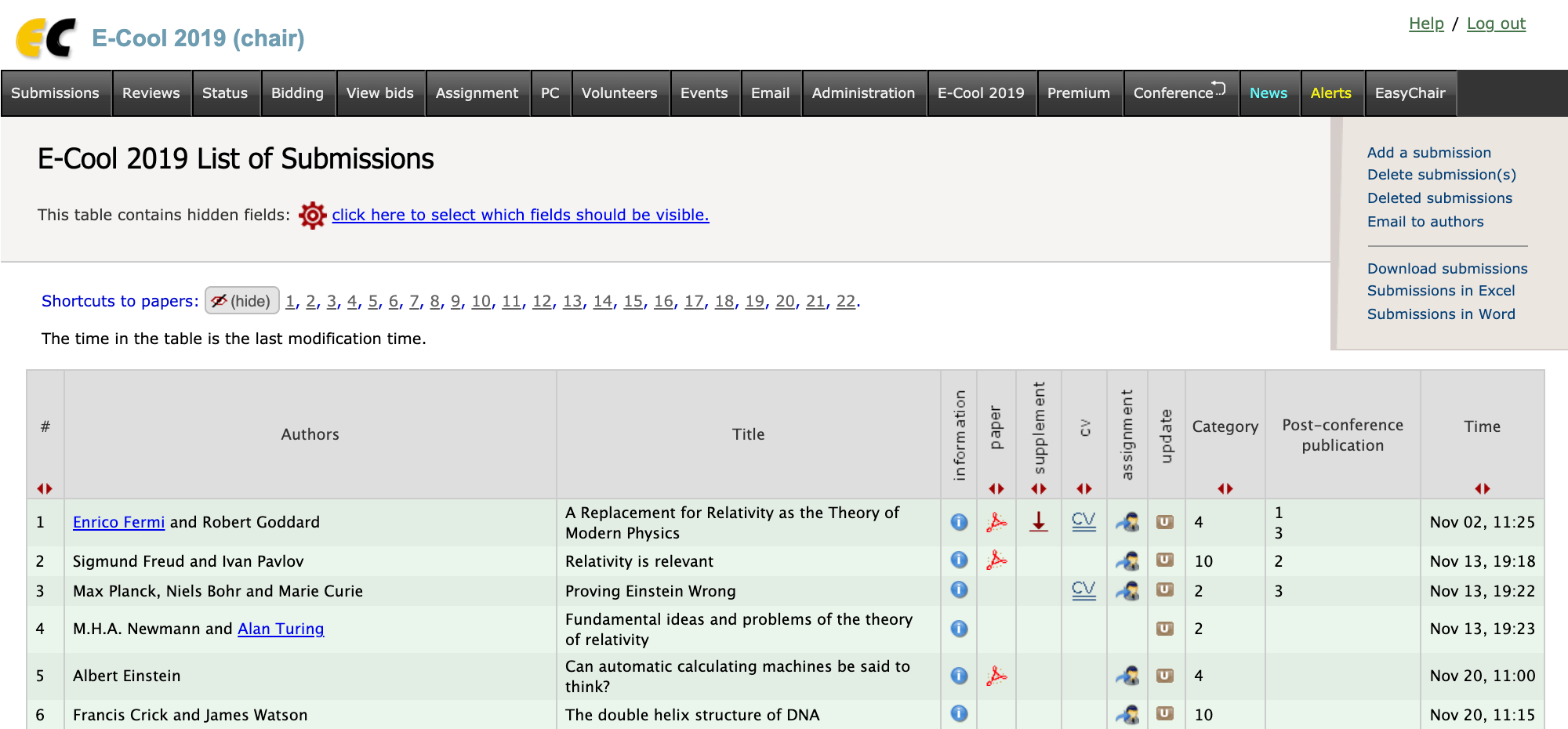 EasyChair submission list table
