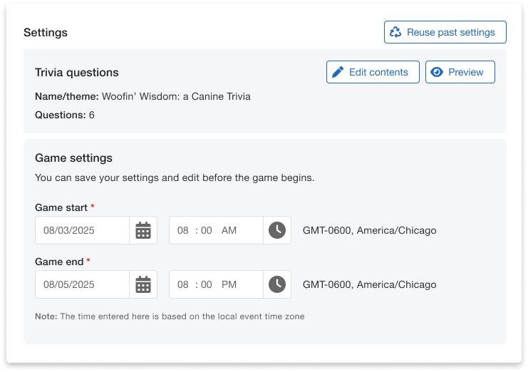 Trivia gamification settings