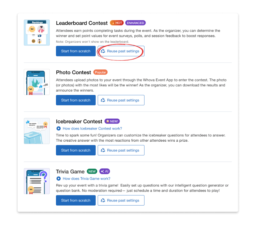 Gamification settings reuse buttons