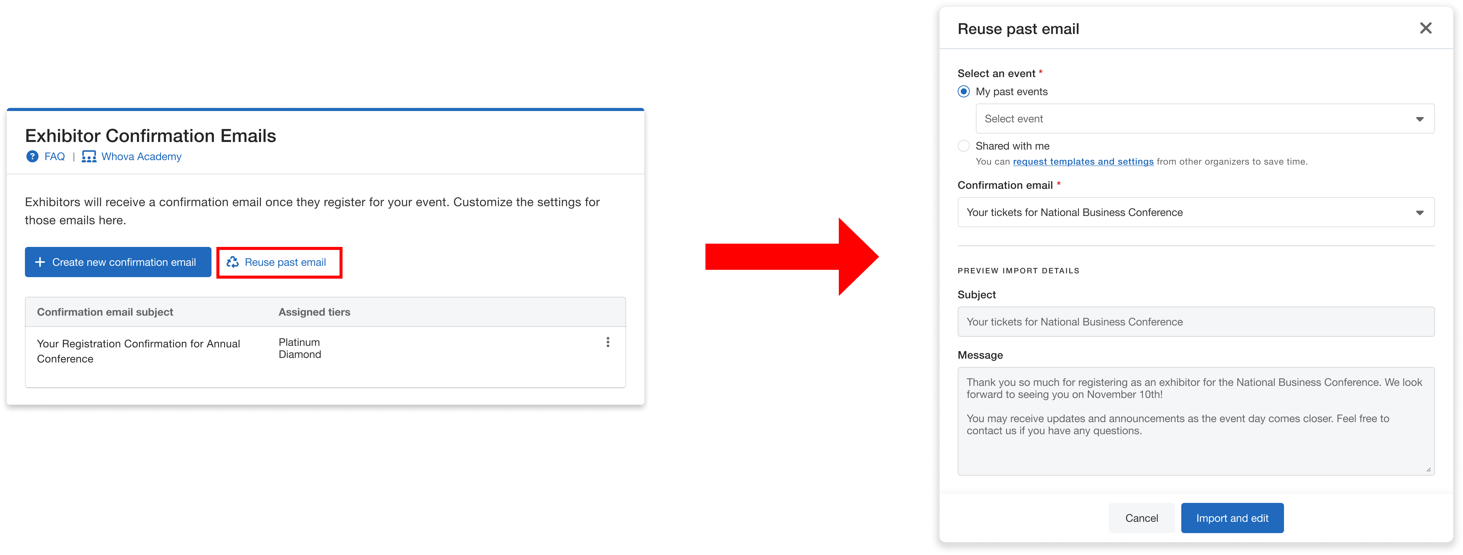Button for reusing past emails with arrow pointing to options to select a past or shared event, and an email.