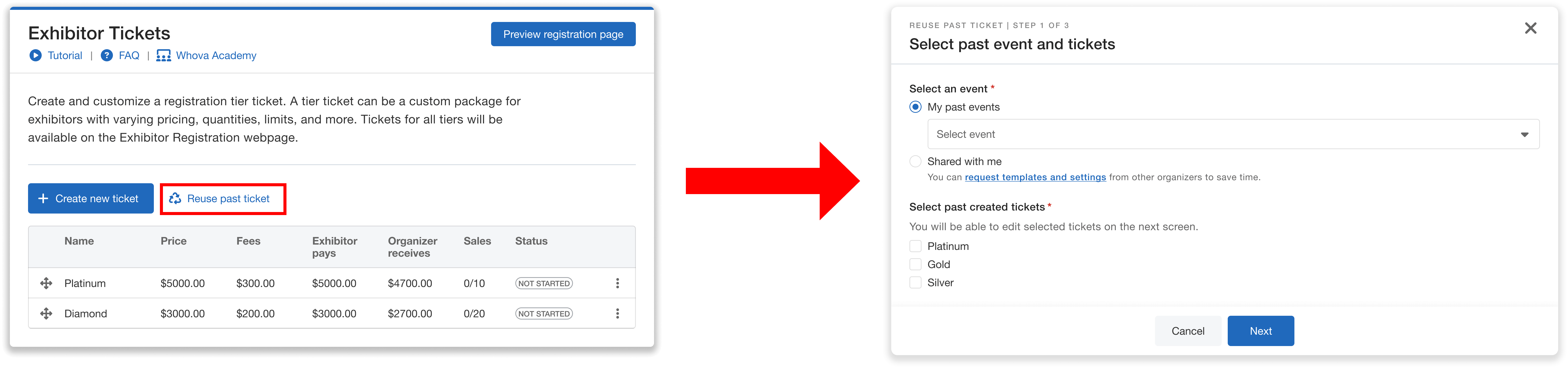 Button to reuse past ticket, and arrow pointing to selection of past and shared events and tickets.