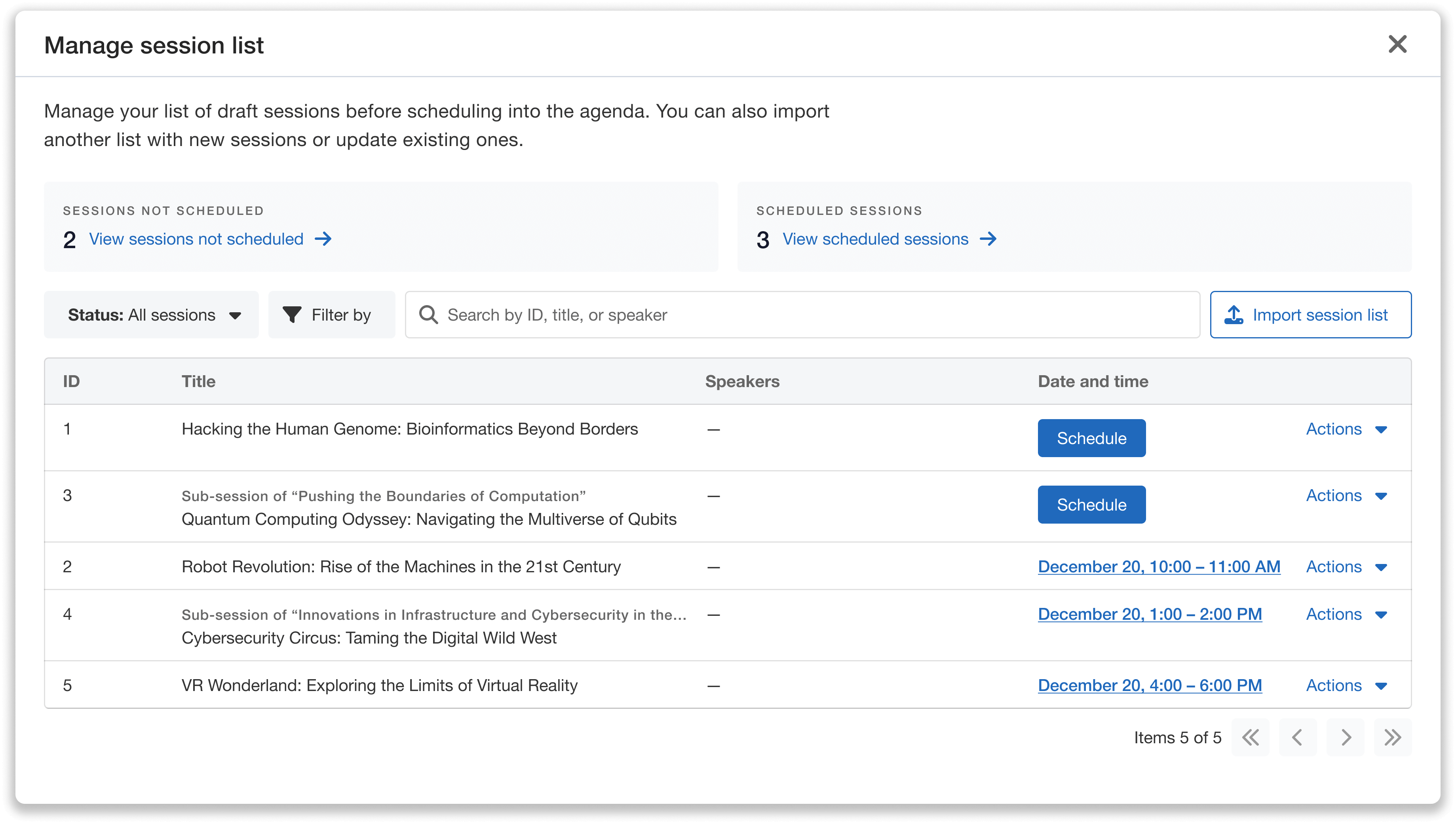 Manage session list page - options to view, filter, search, and schedule sessions.