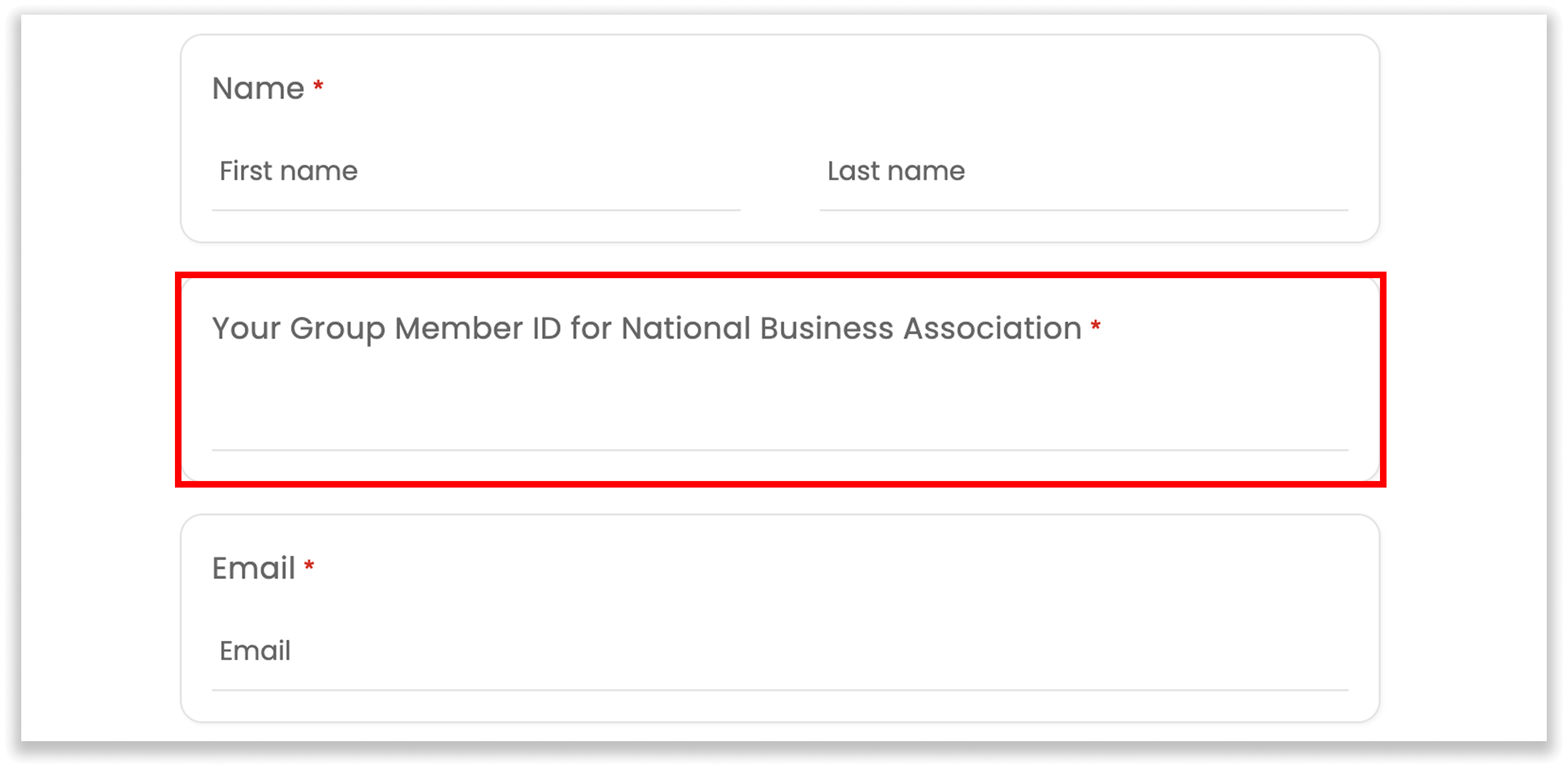 Registration information for attendees to fill out, with Group Member ID highlighted.
