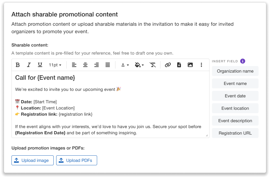 Organizer co promotion promotional content