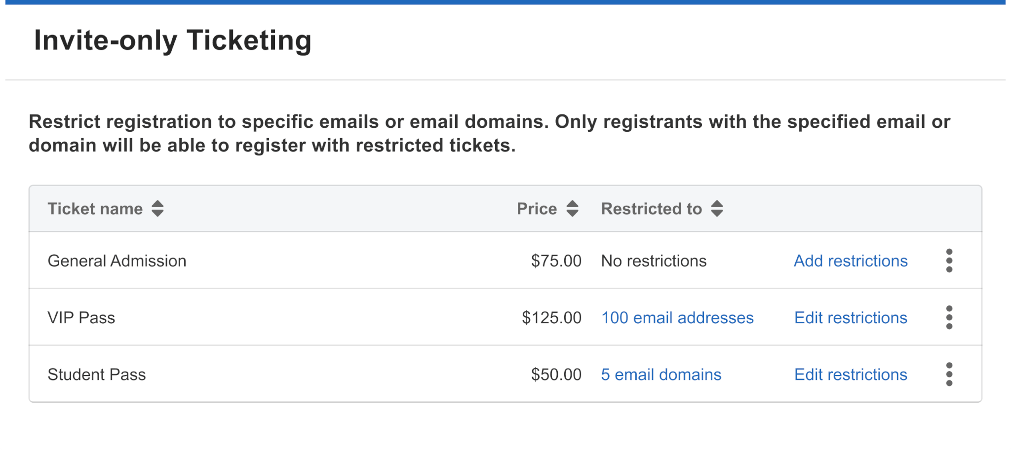 Invite only ticketing for with specific restrictions