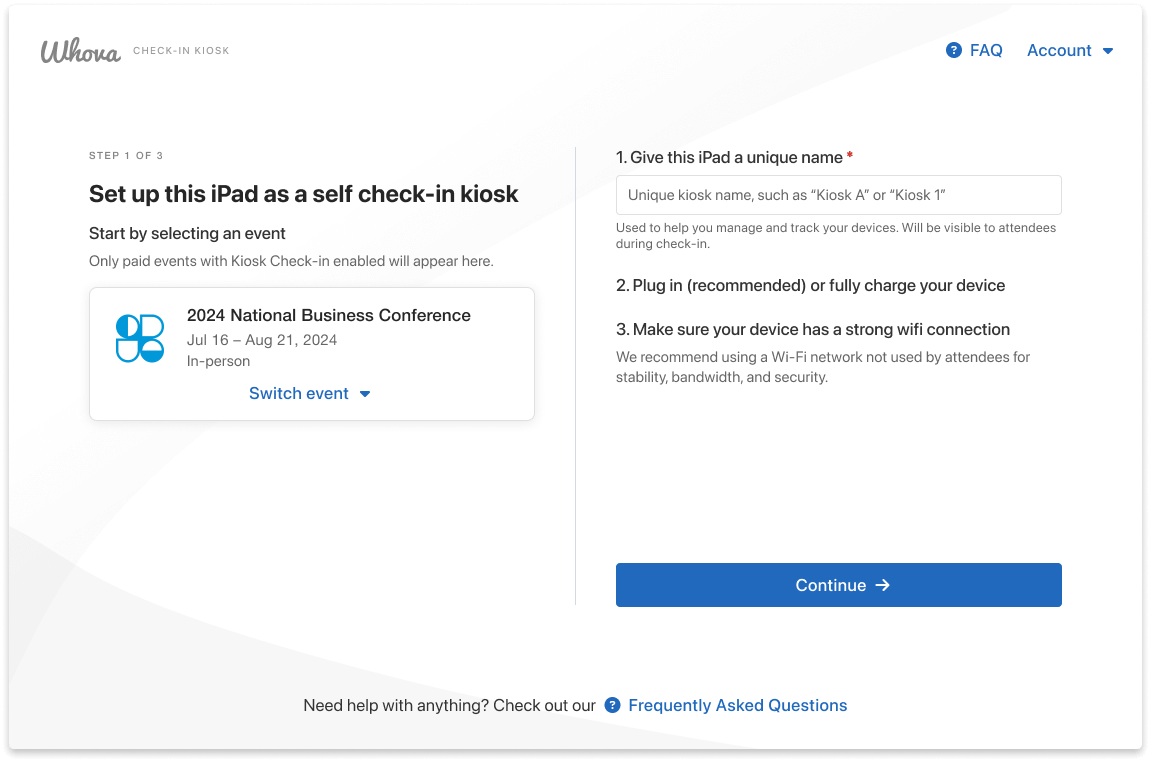 Check-in kiosk landing page