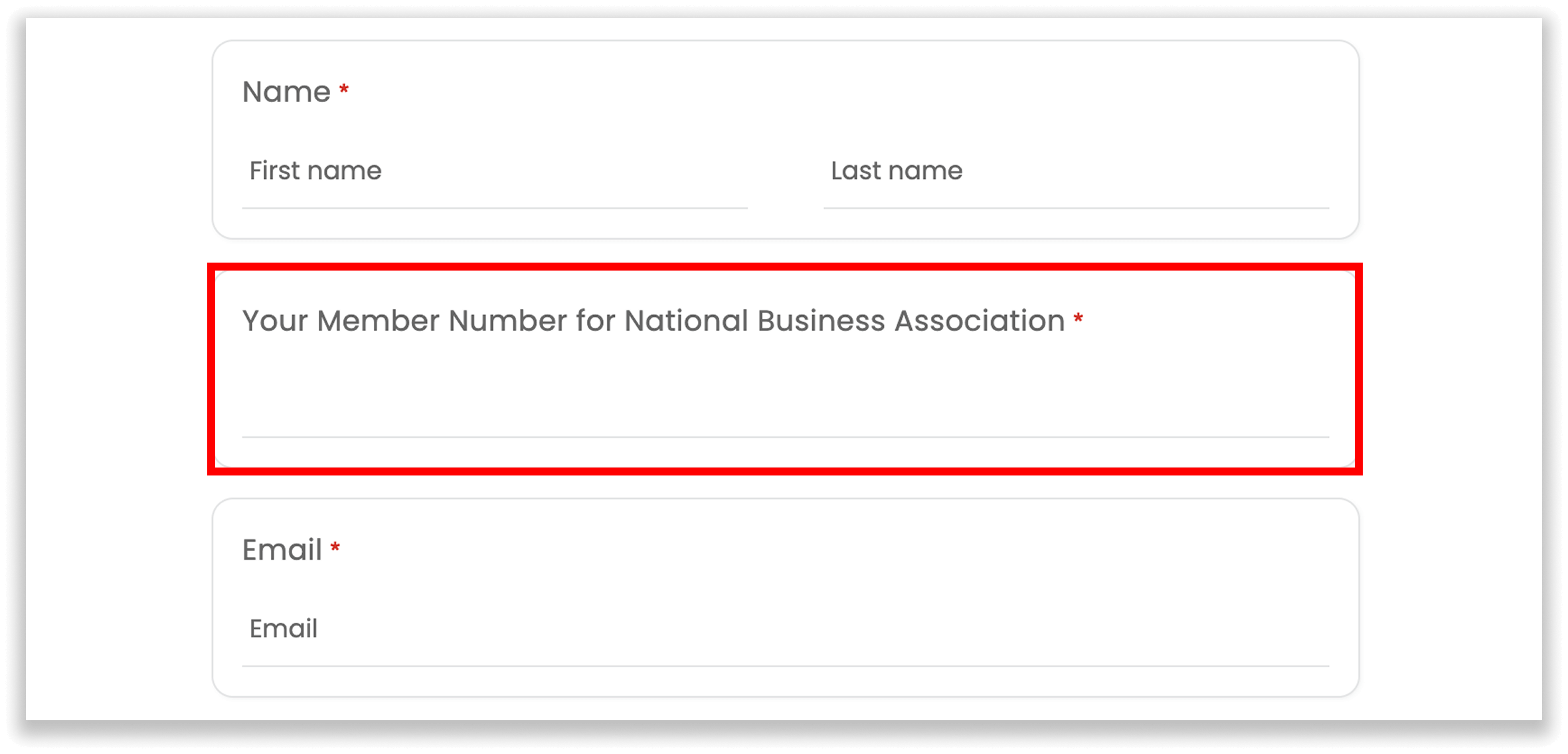 Registration information for attendees to fill out, with the Member Number field highlighted.