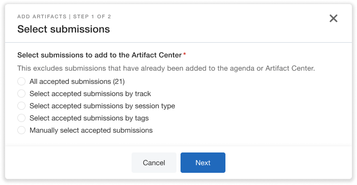 Select submissions to add to Artifact Center