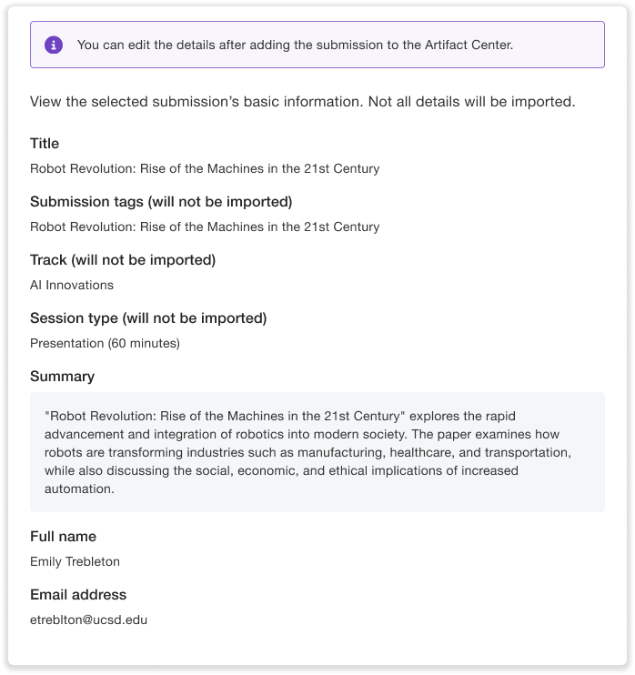 Artifact submission details review