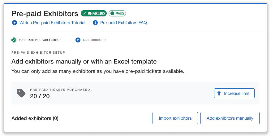 Pre-paid exhibitors purchase menu