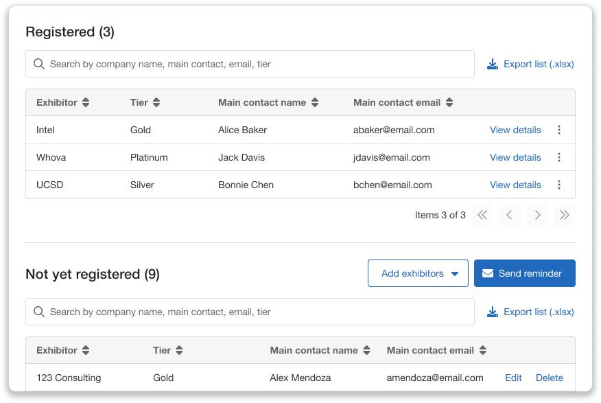 Pre-paid exhibitors registration status list