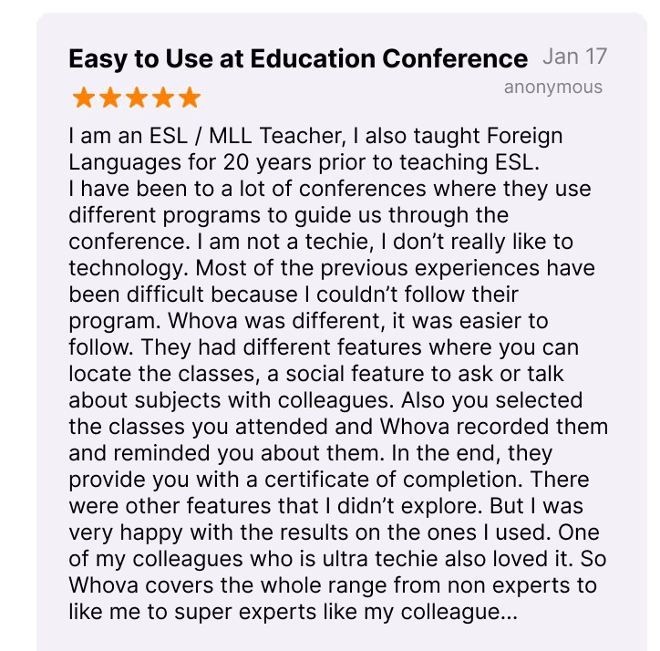 Positive review about Whova on app store