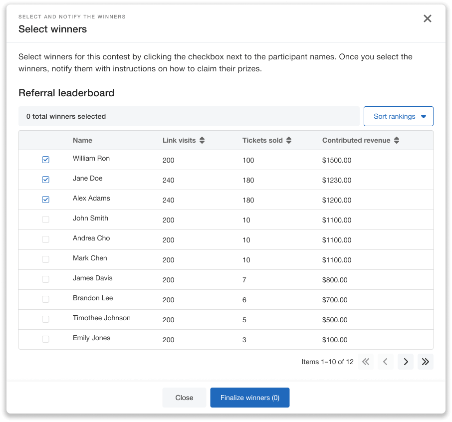 Select winners from the Registration Referral leaderboard based on metrics like tickets sold and contributed revenue.