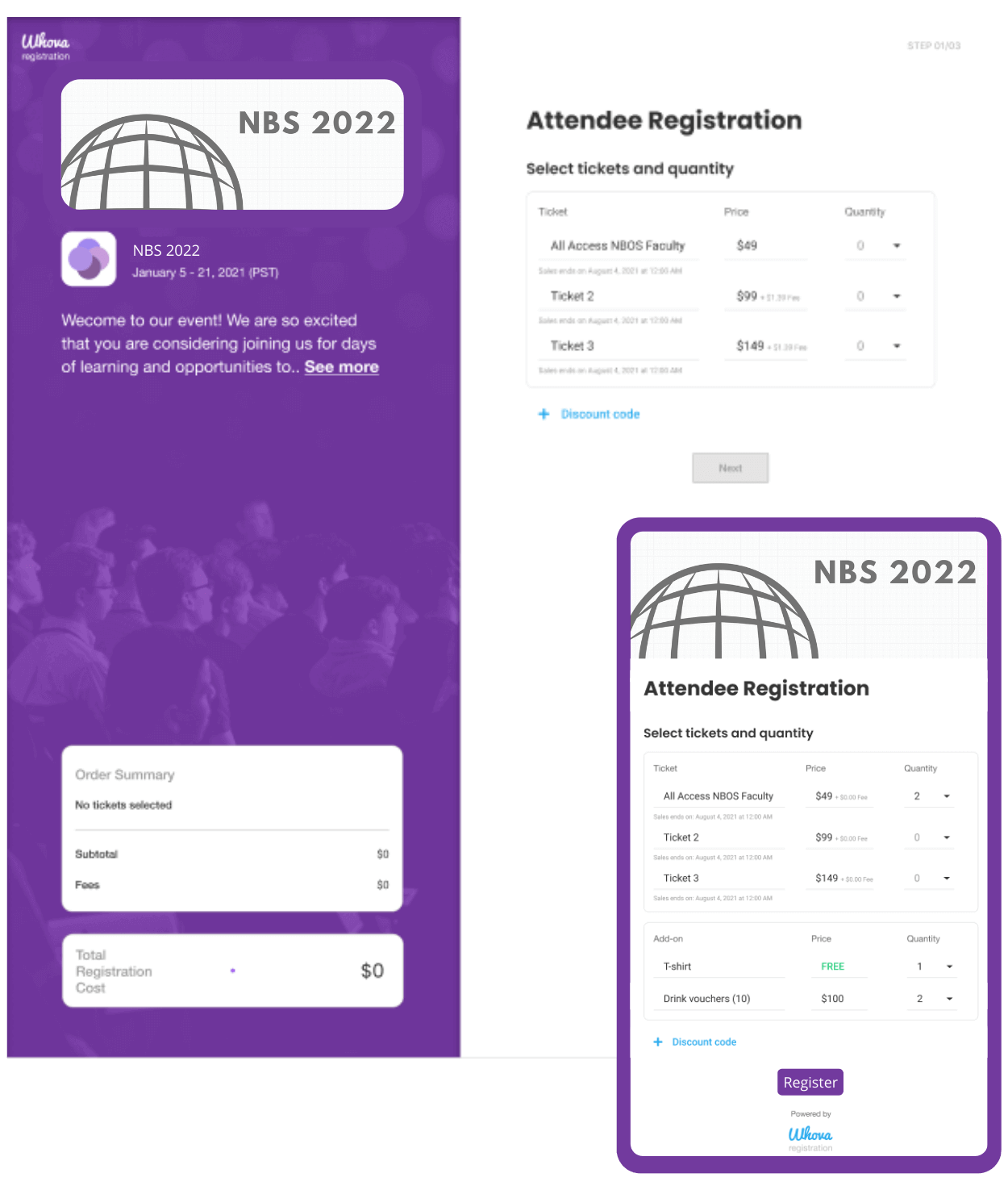 Whova's registration pages