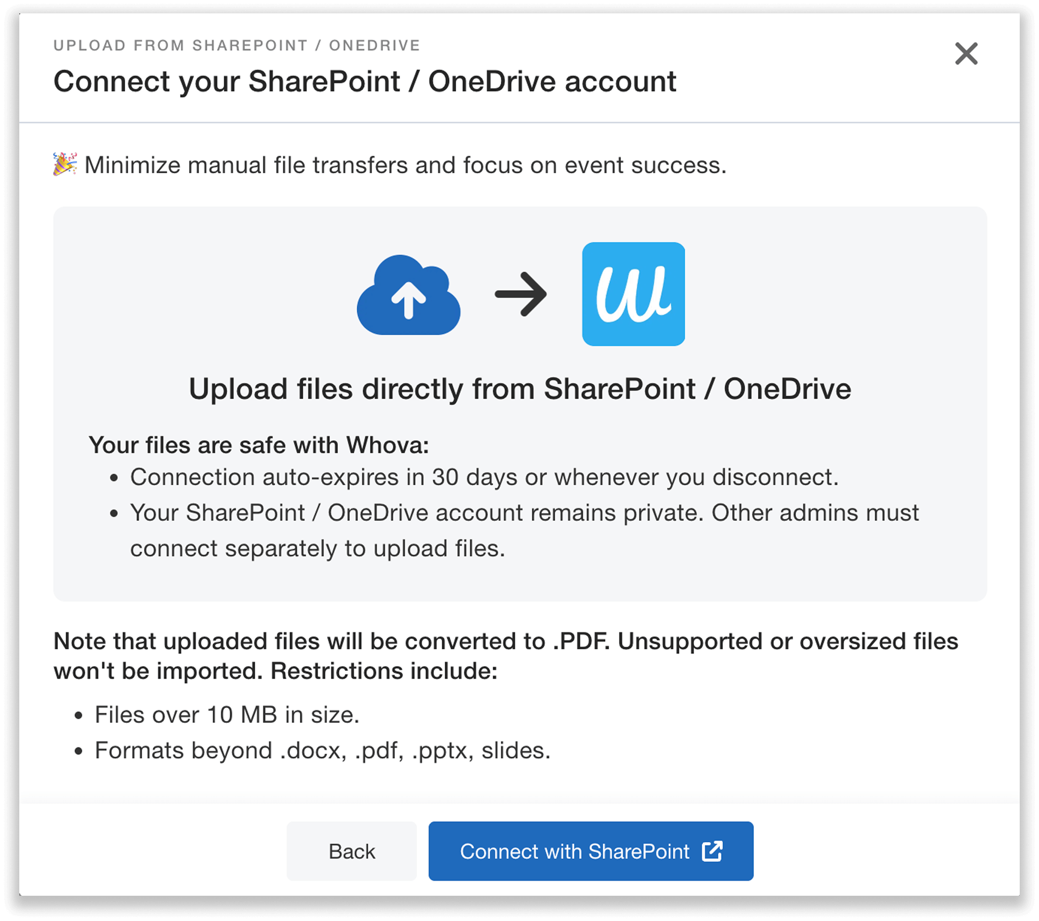 Modal prompting user to connect SharePoint / OneDrive account.