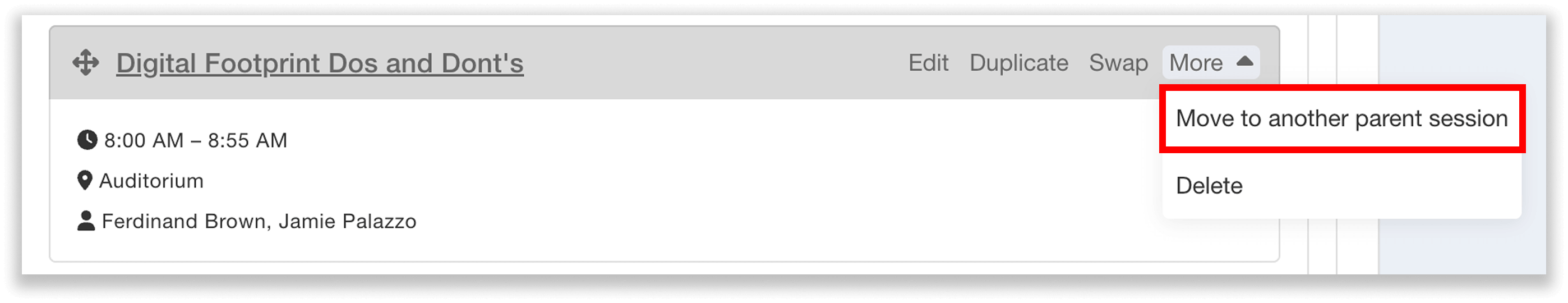 Option to move a sub-session to another parent session.