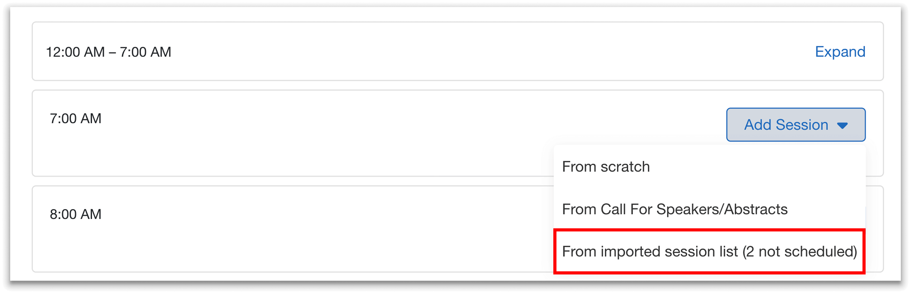 Option to schedule session from imported session list.