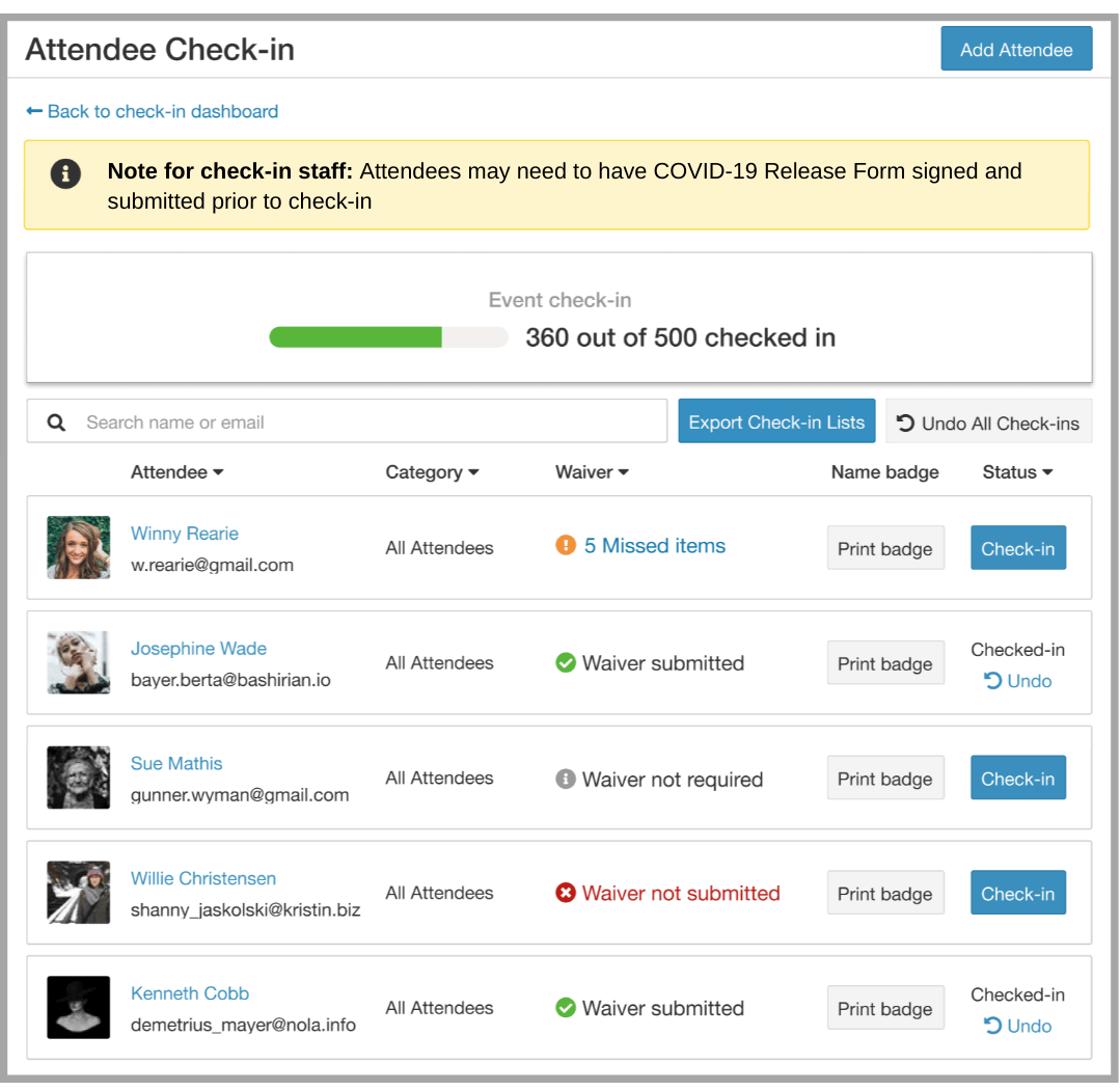 At check-in, view which attendees have turned in their forms and which have items missing