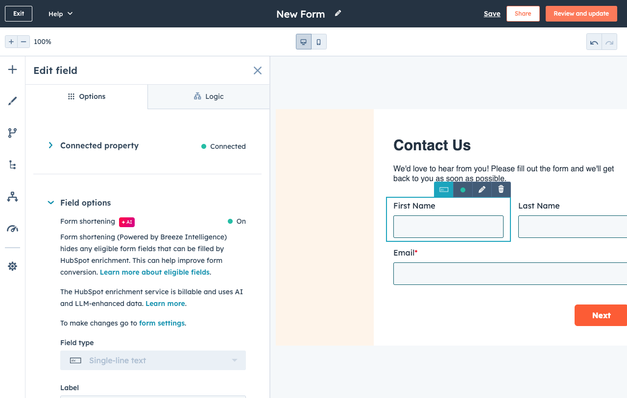 Hubspot form creation example
